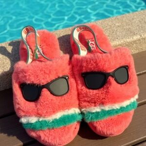 UGG Pink Fluffy Slippers with Sunglasses Design NWT